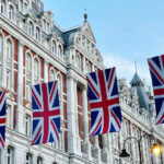 Regent Street with Union Jack Flags in London, United Kingdom UK